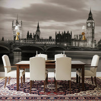 Dining area using London’s Majesty Wall Mural and city backdrop