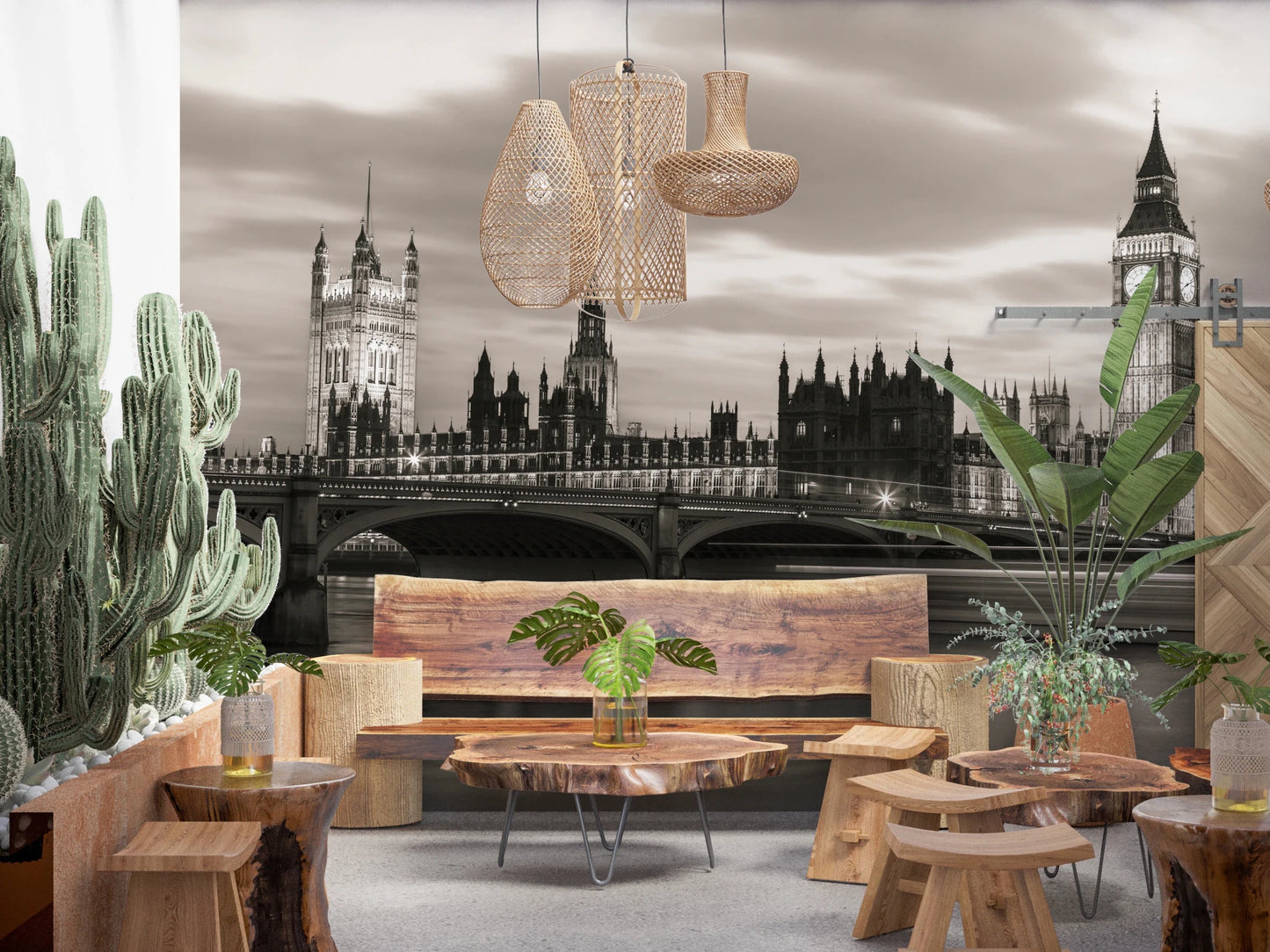 Dining lounge setup paired with London’s Majesty Wall Mural and urban horizon
