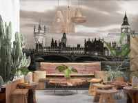 Dining lounge setup paired with London’s Majesty Wall Mural and urban horizon