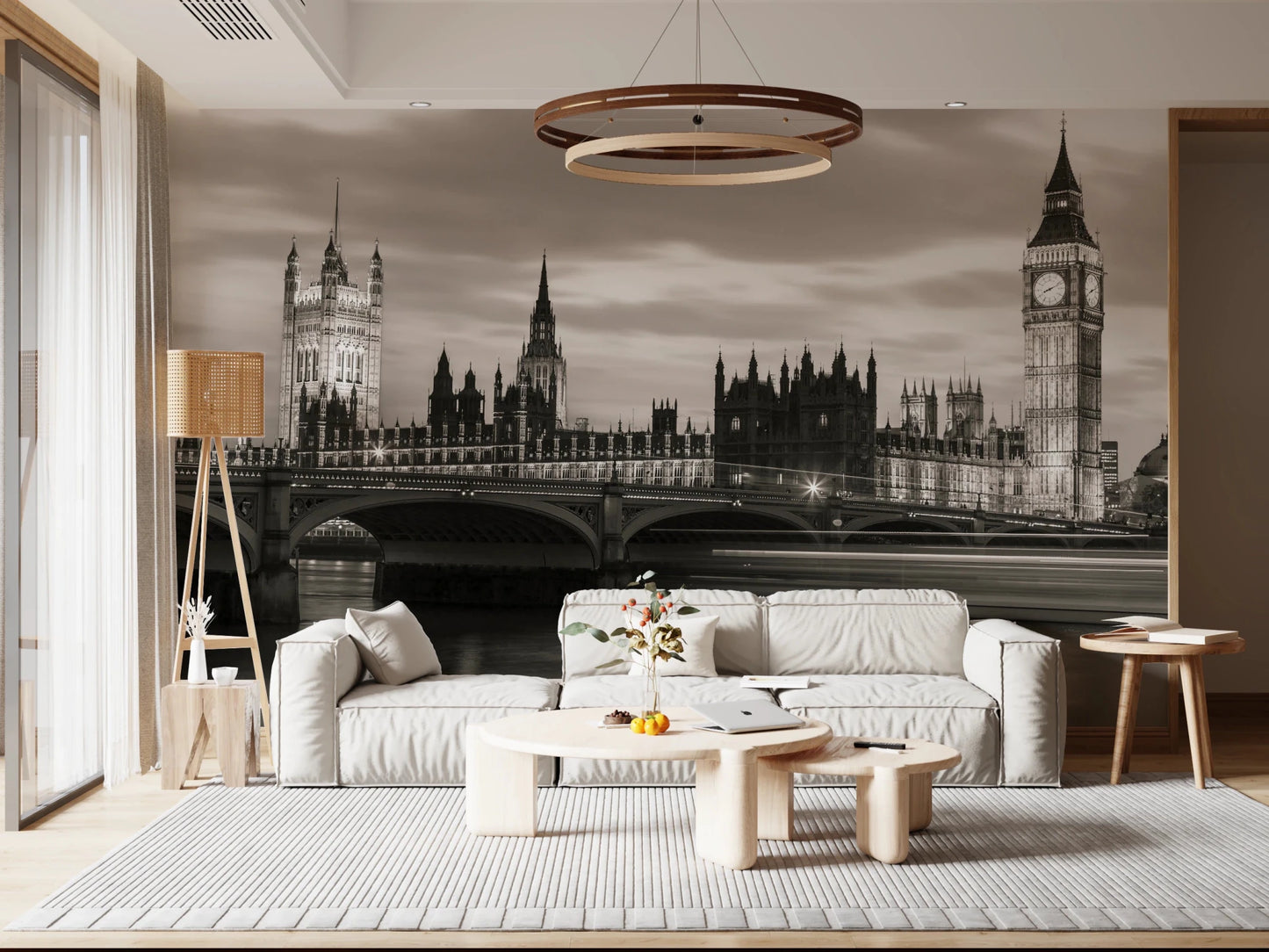 Modern lounge featuring London’s Majesty Wall Mural with riverside landmark view