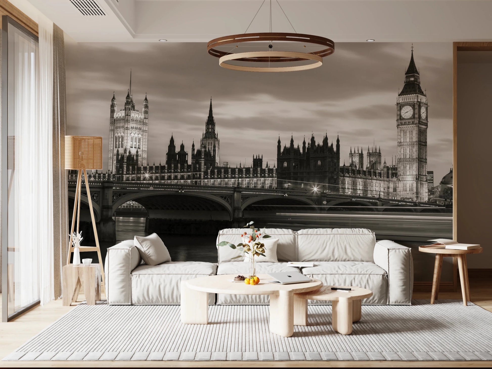 Modern lounge featuring London’s Majesty Wall Mural with riverside landmark view