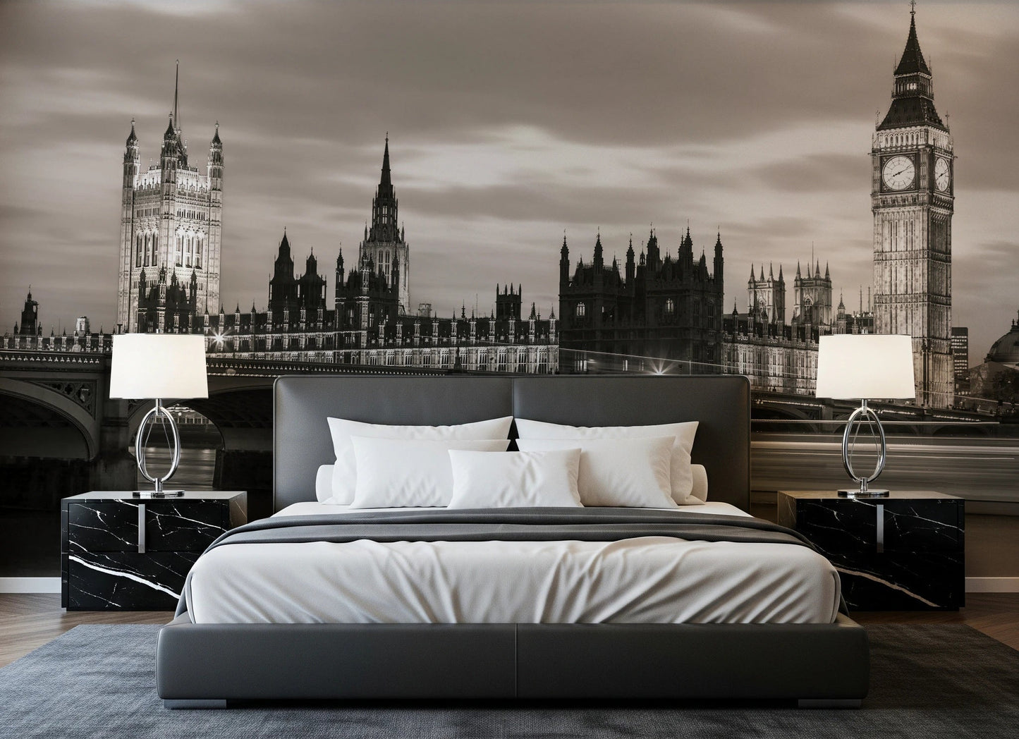 Bedroom styled with London’s Majesty Wall Mural and iconic skyline backdrop