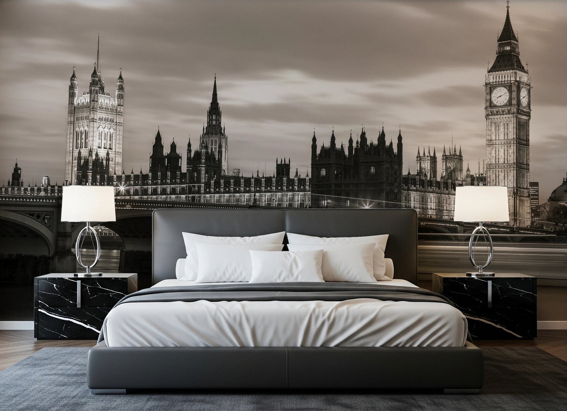 Bedroom styled with London’s Majesty Wall Mural and iconic skyline backdrop