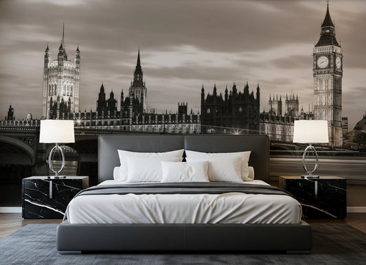 Bedroom styled with London’s Majesty Wall Mural and iconic skyline backdrop