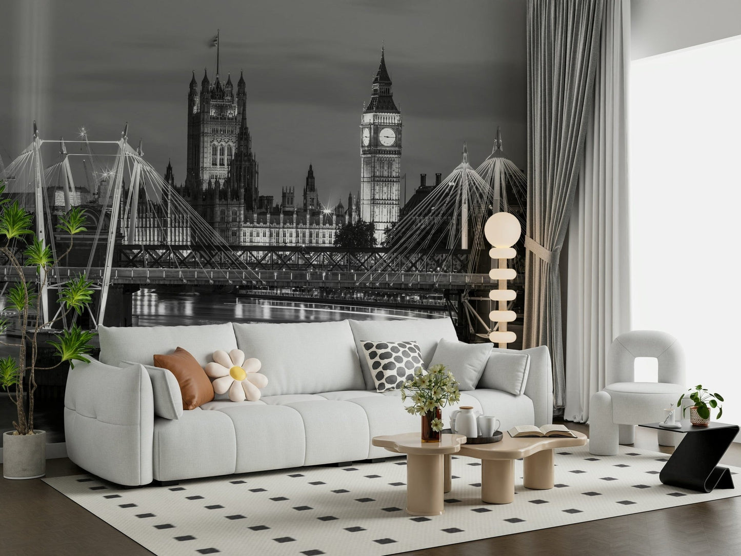 Detailed sketch of Big Ben and Westminster on a large wall mural.