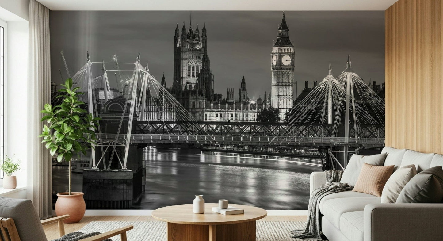 London's Monochrome Majesty Wall Mural in a stylish dining area.