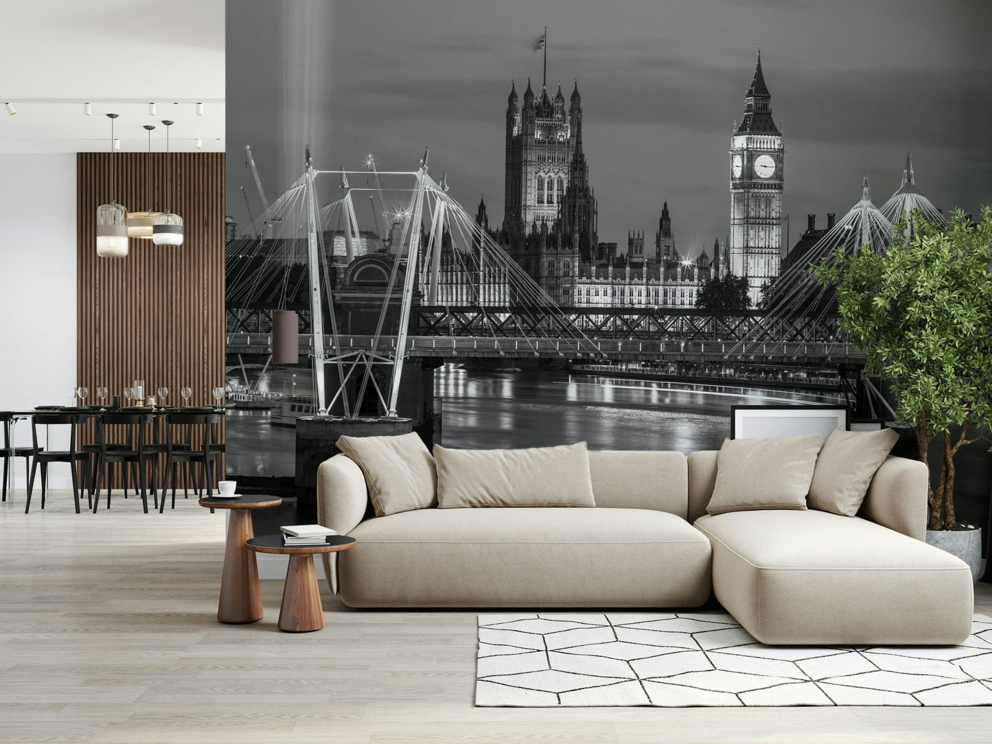 Monochrome city view feature wall in a spacious bedroom.
