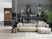 Monochrome city view feature wall in a spacious bedroom.