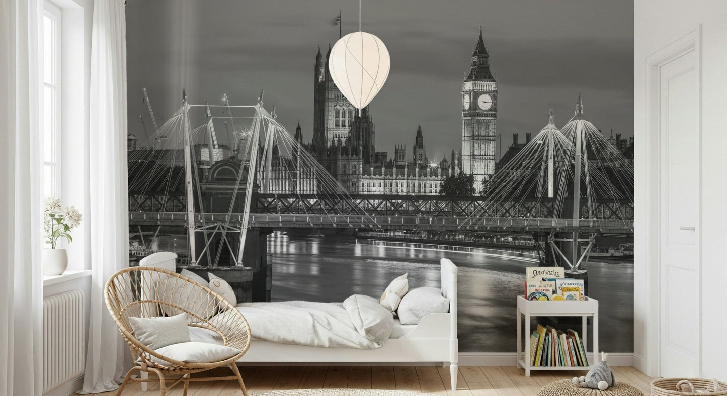 London's Monochrome Majesty Wall Mural behind a grey sofa in a modern lounge.