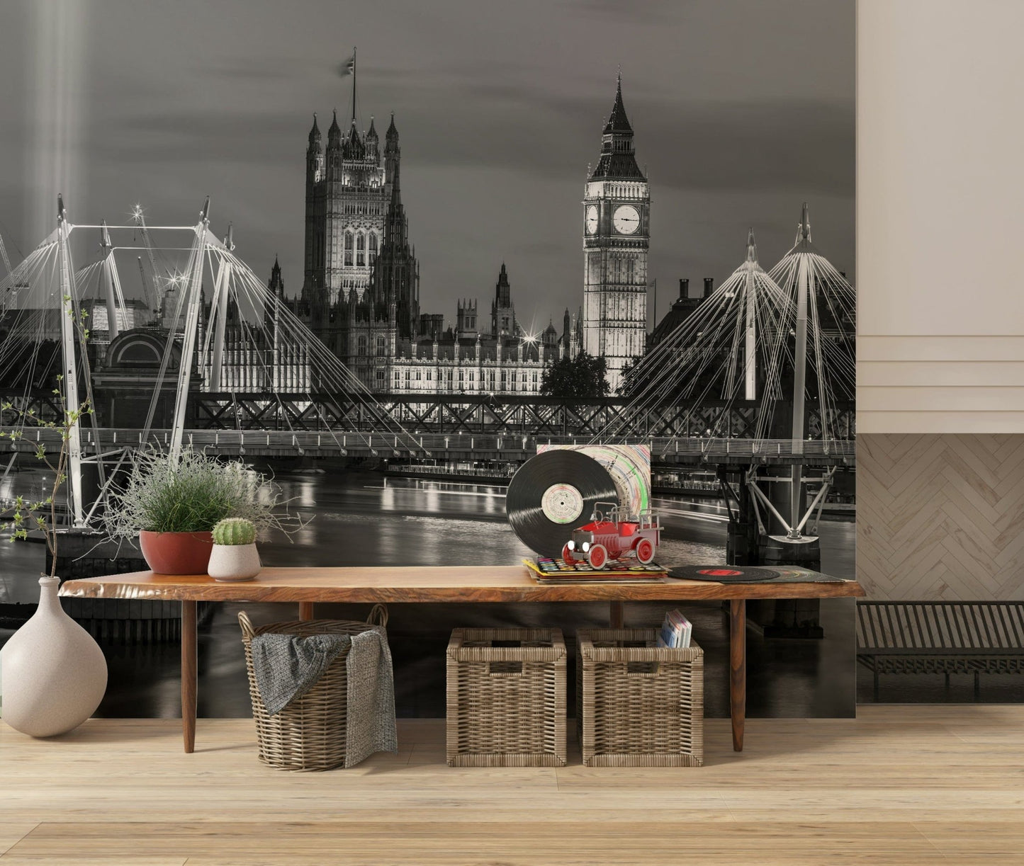 Grey scale city map wallpaper for a study room with wooden furniture.