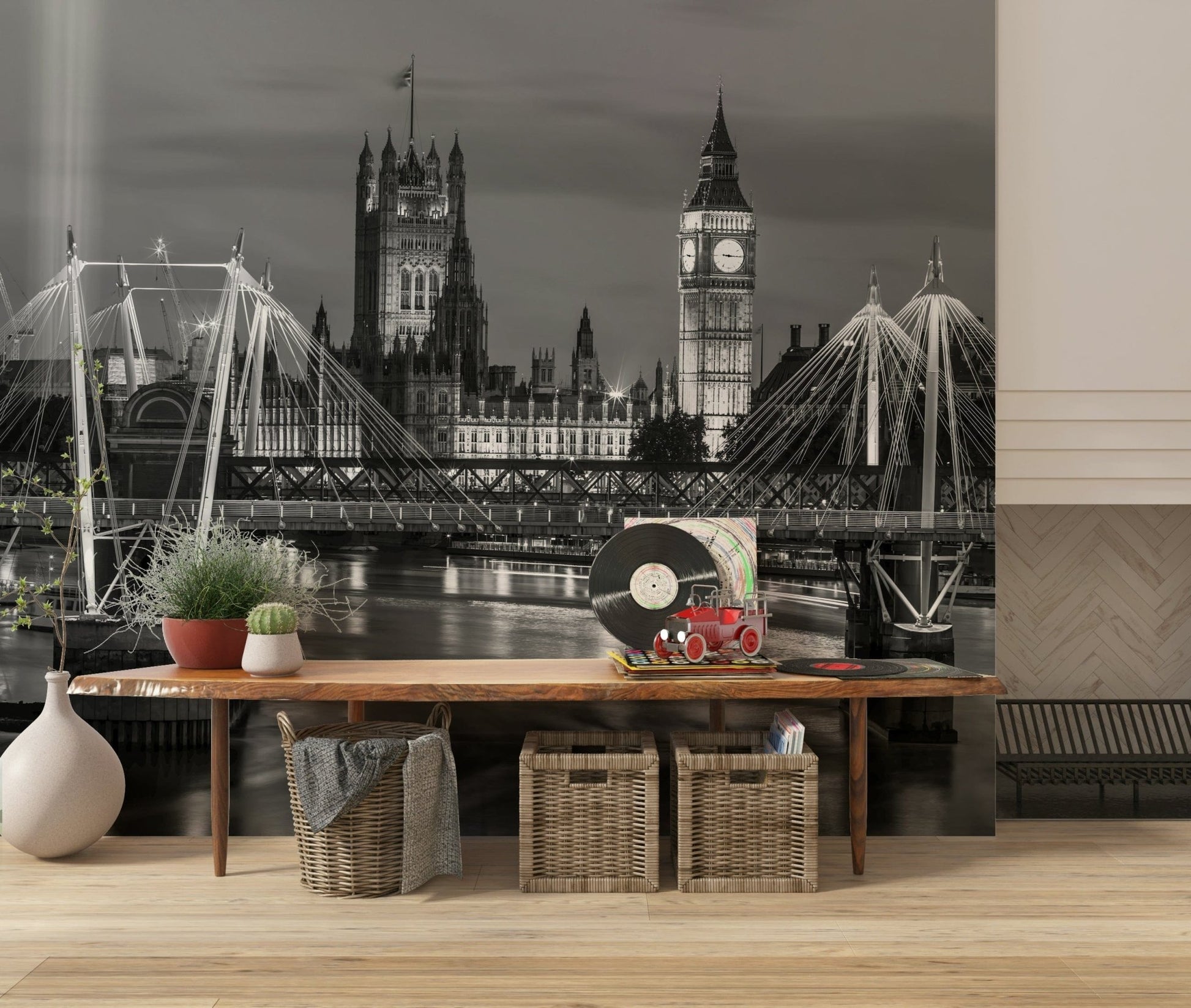 Grey scale city map wallpaper for a study room with wooden furniture.