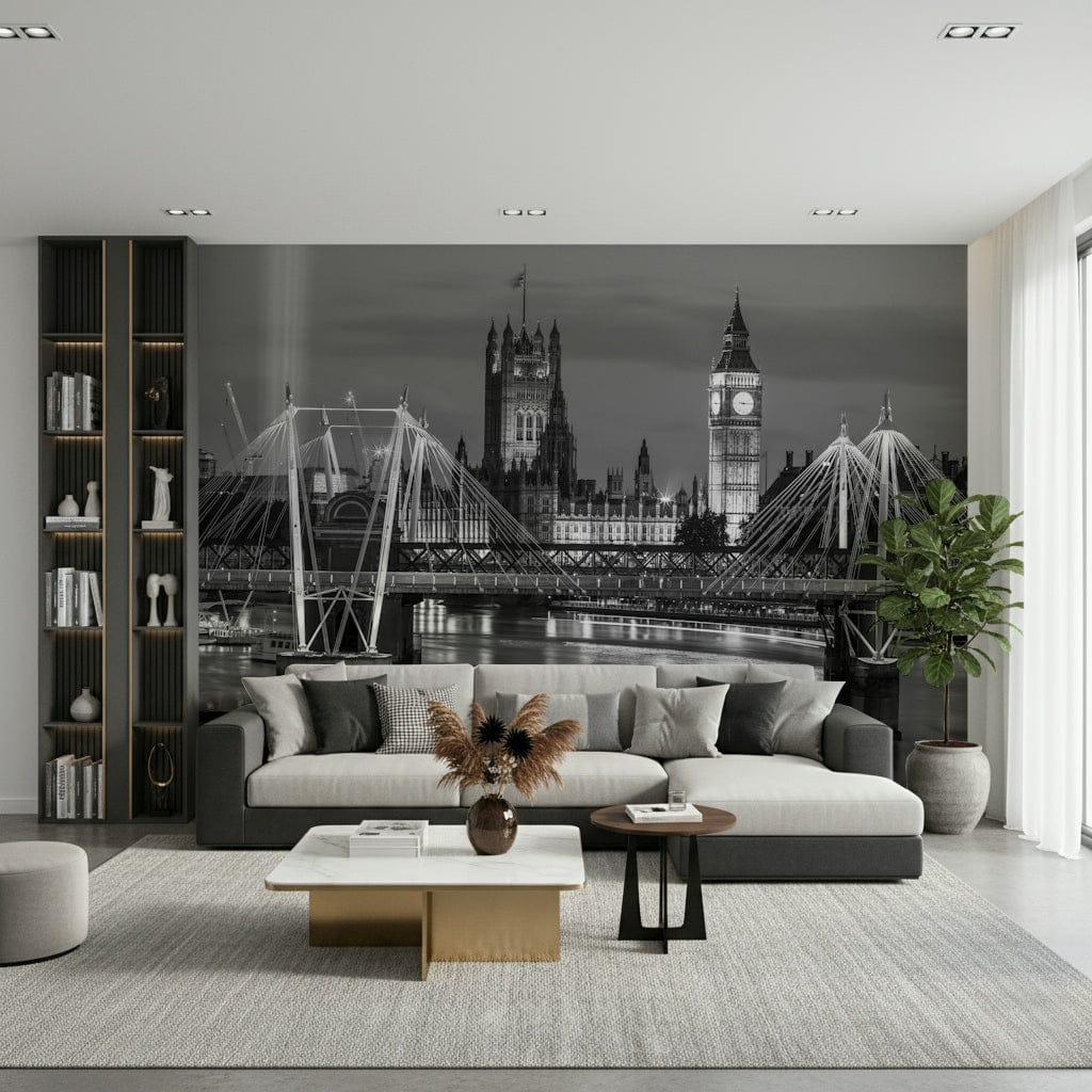 Classic European city theme wall covering for a boutique hotel lobby.