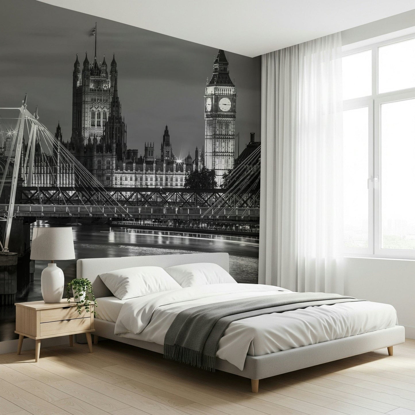 Neutral tone cityscape mural for a sleek hallway design.