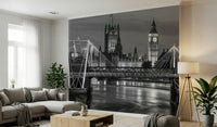 Urban architectural wallpaper for a contemporary home office.