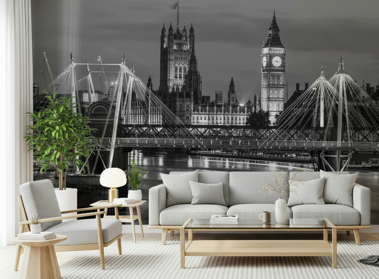 Hand-drawn style London architecture wallpaper for a creative workspace.
