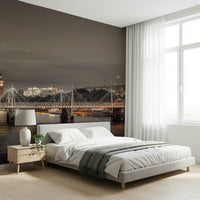 London's Nightfall Wall Mural applied in a stylish lounge area with gold accents.