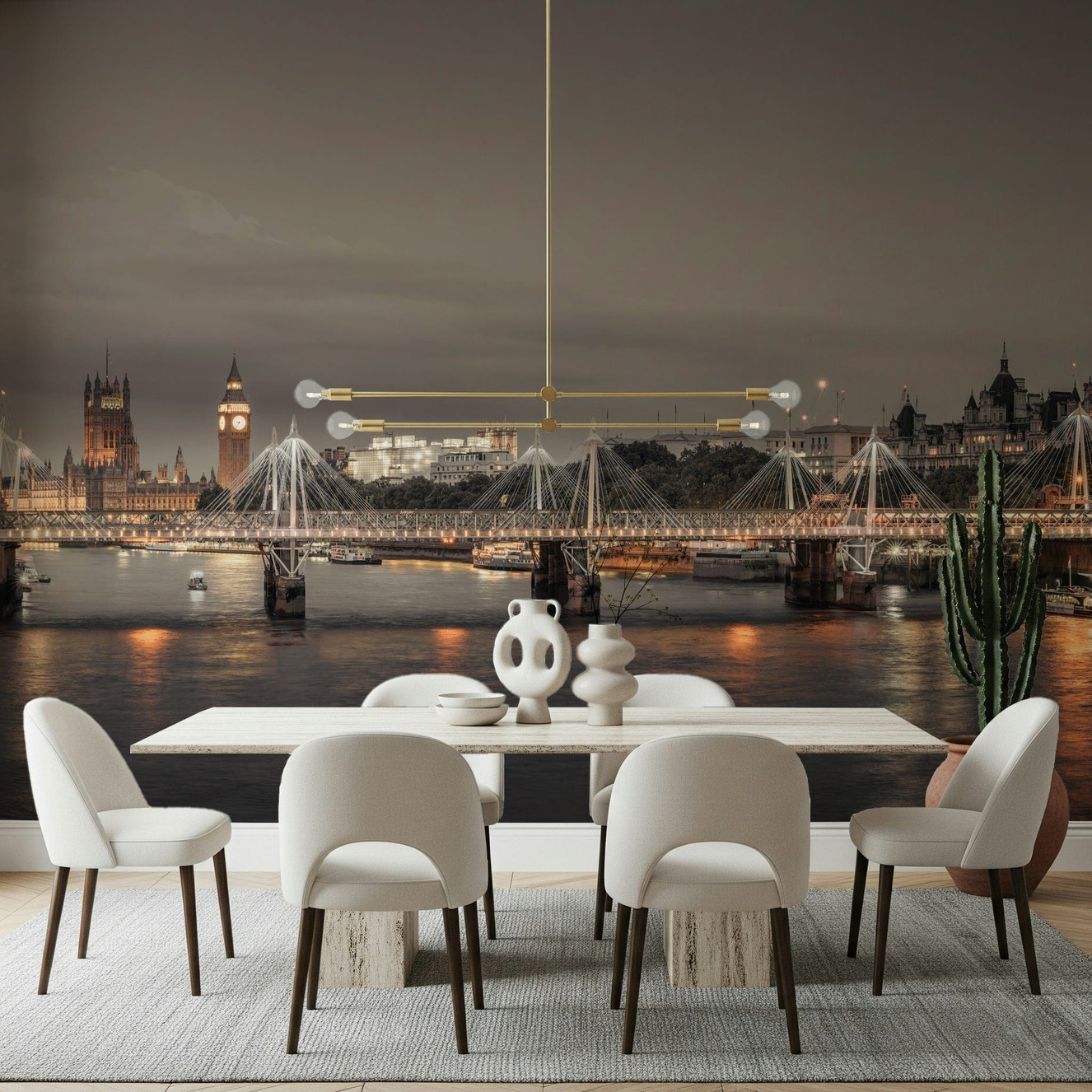 Chic apartment hallway decorated with a detailed city landscape wallpaper in dark tones.