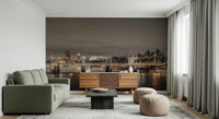 Sophisticated navy and charcoal wall decor for a luxury home office setting.