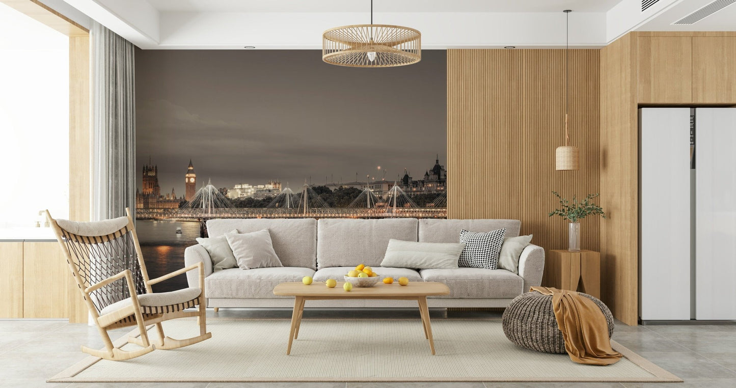 Elegant dark city wallpaper for a master bedroom featuring contemporary wooden furniture.