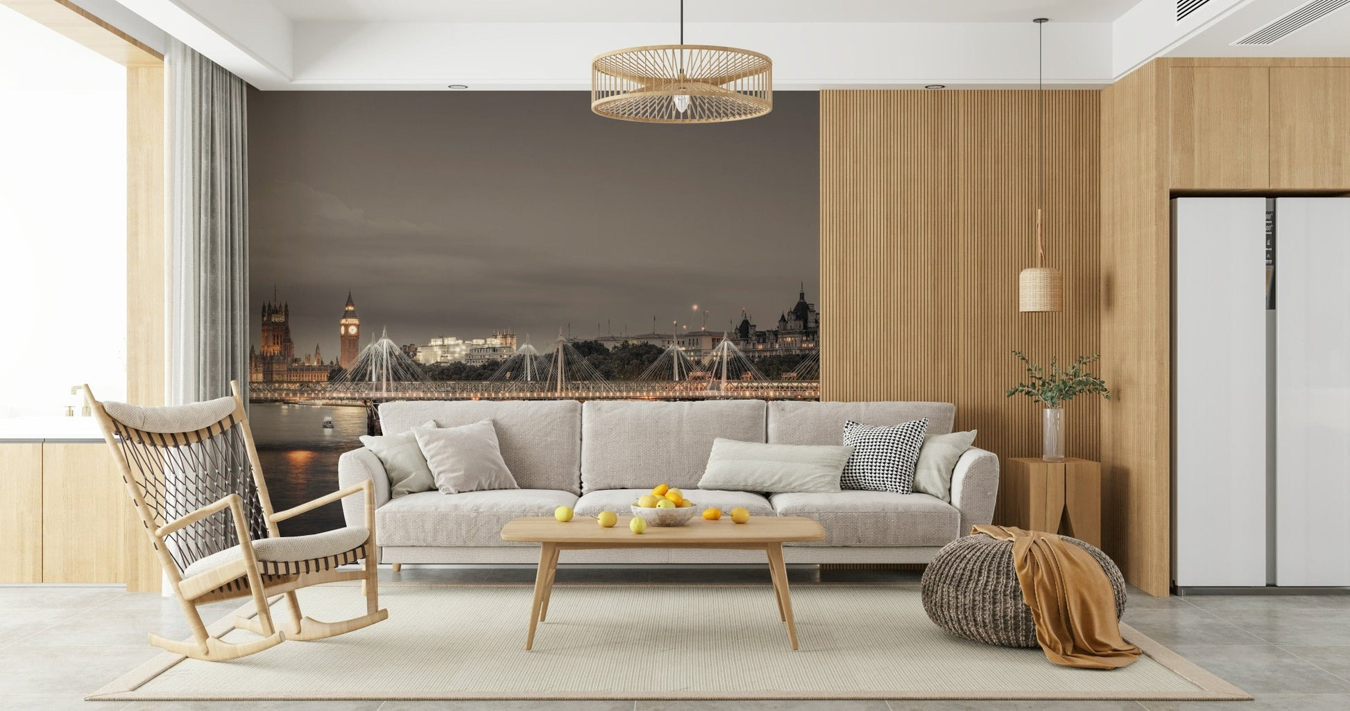 Elegant dark city wallpaper for a master bedroom featuring contemporary wooden furniture.