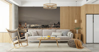 Elegant dark city wallpaper for a master bedroom featuring contemporary wooden furniture.
