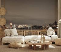 Contemporary home library wall featuring a dark architectural city scene design.