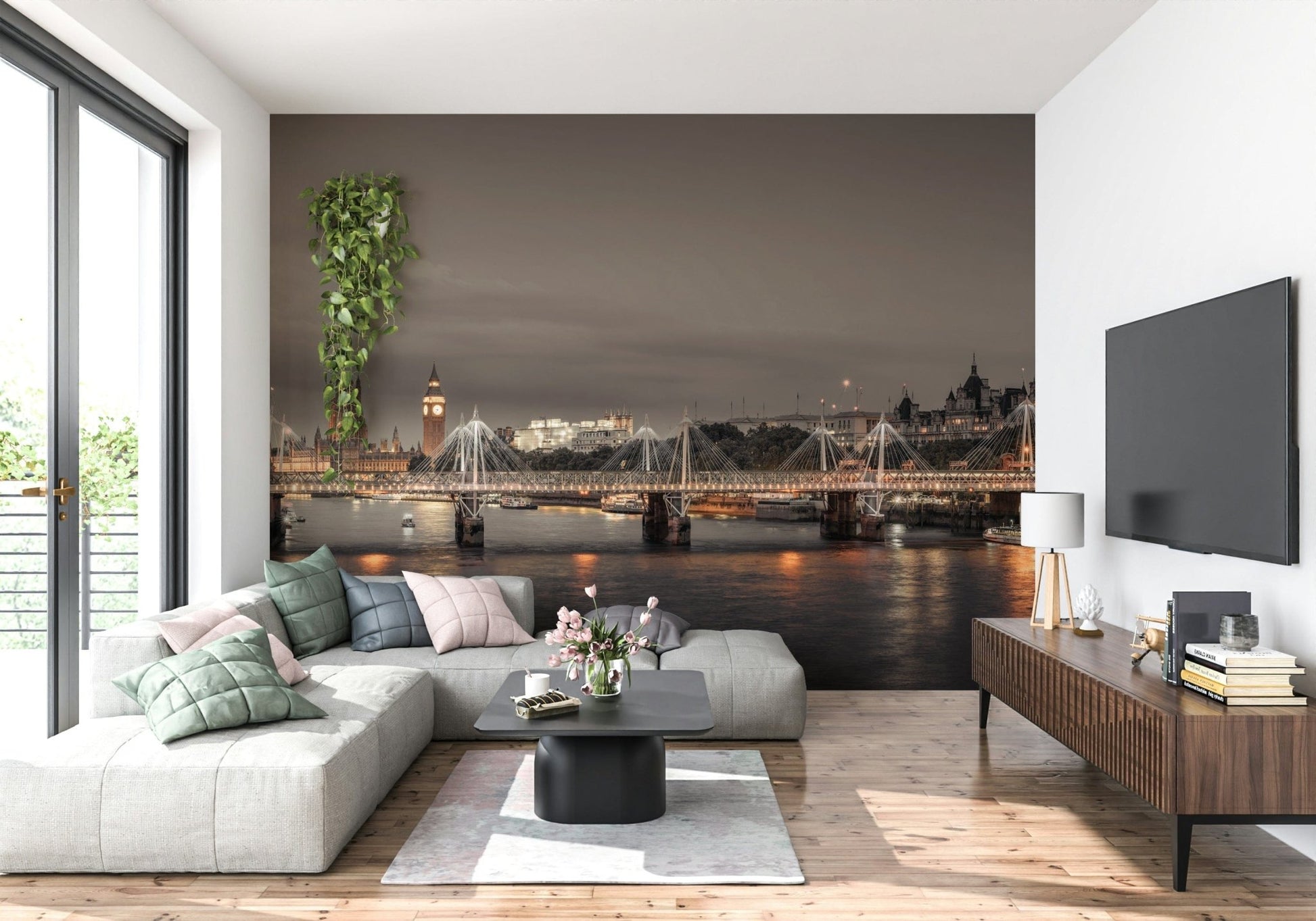 Dark blue cityscape mural used as a backdrop for a modern dining room setup.