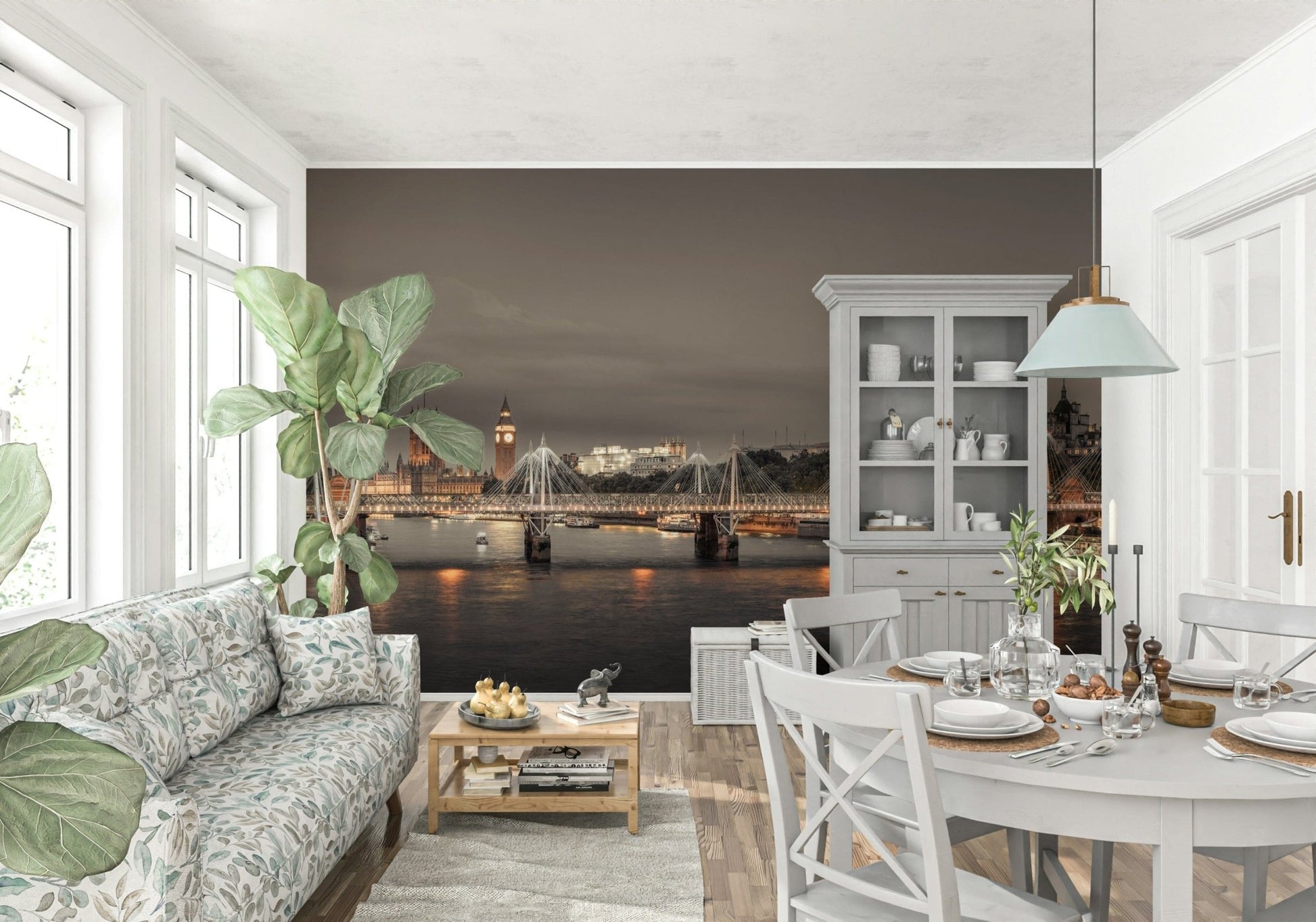 Modern office space with a moody urban skyline mural on a large feature wall.