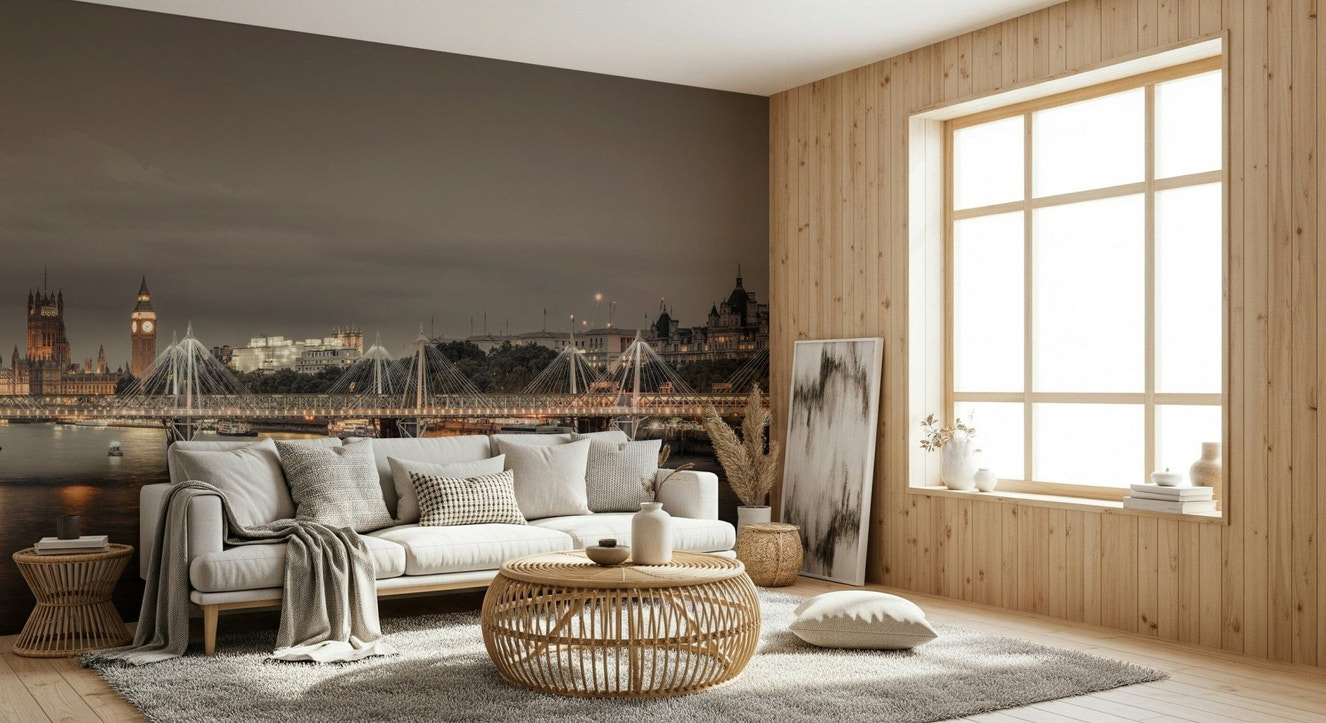 London's Nightfall Wall Mural in a minimalist living room with grey seating and soft lighting.