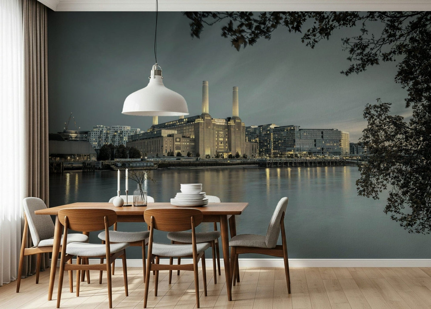 Industrial style wall decor in a sunlit dining area with traditional accents.