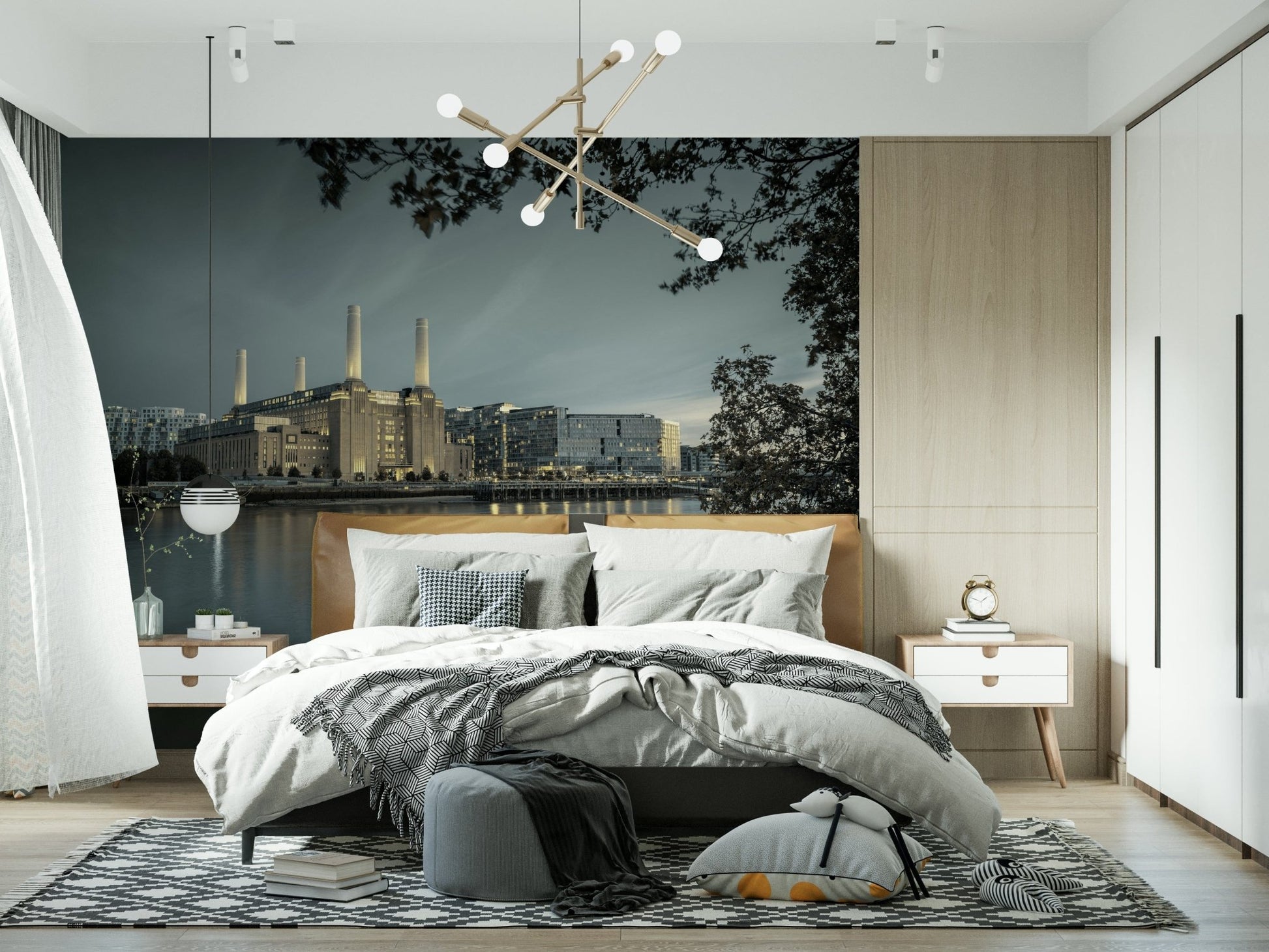 Urban landscape wall mural used as a backdrop for a modern home office desk.