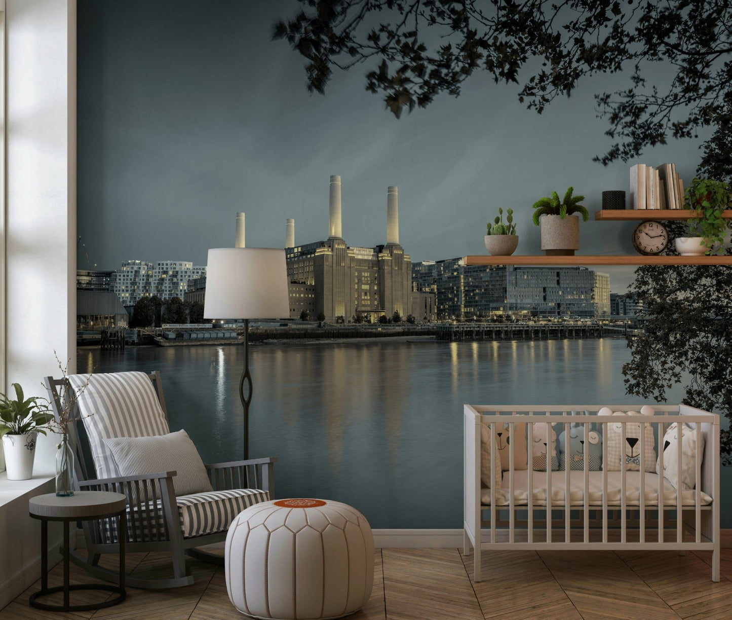Sophisticated urban mural in a professional workspace for a calm atmosphere.