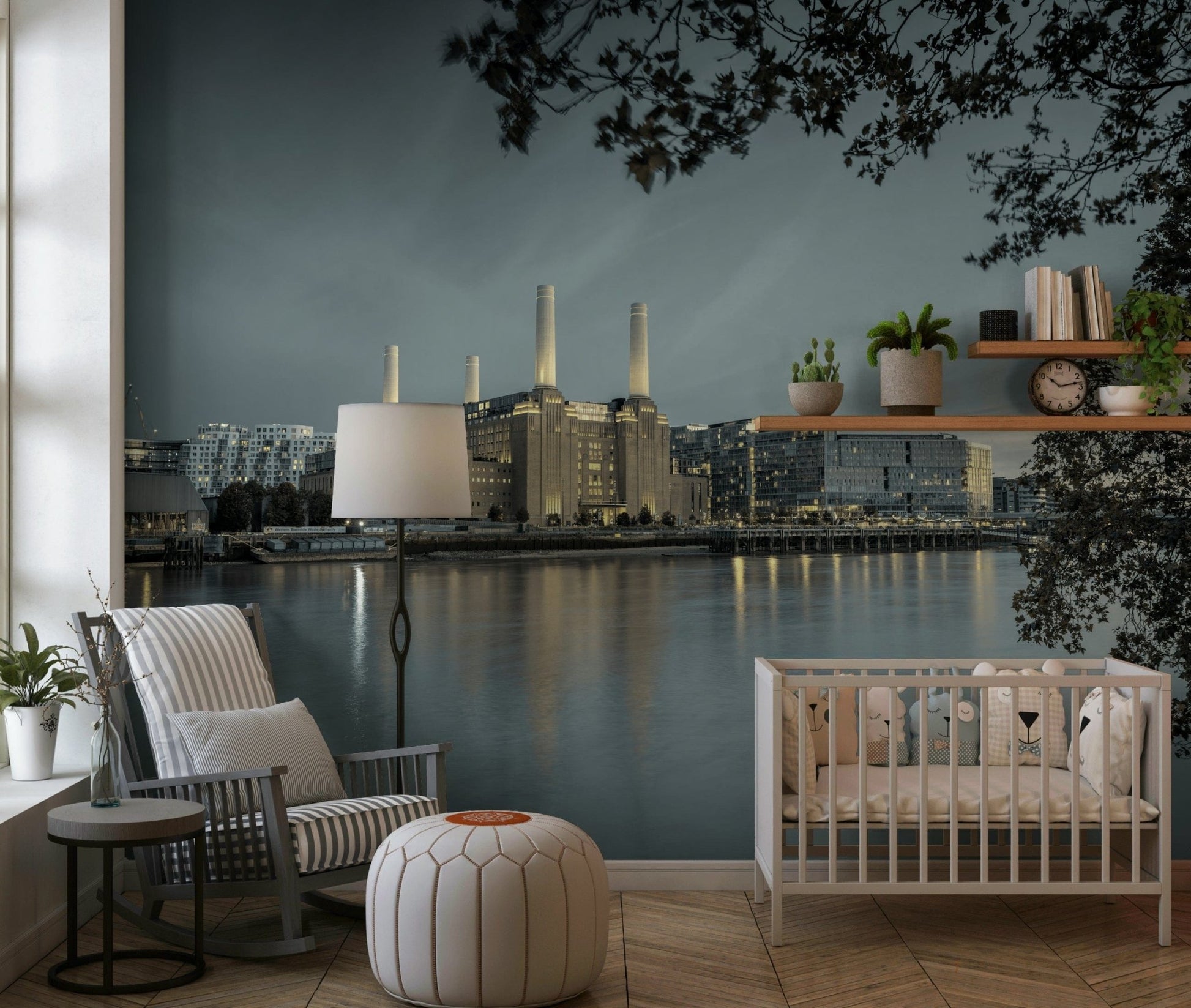 Sophisticated urban mural in a professional workspace for a calm atmosphere.