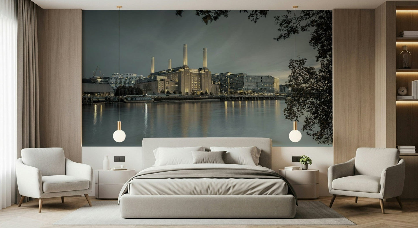 Iconic building motif wallpaper with soft light filtering through a nearby window.
