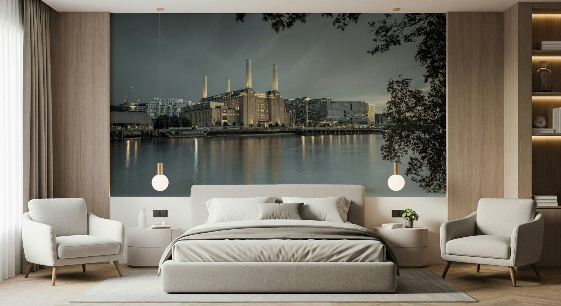 Iconic building motif wallpaper with soft light filtering through a nearby window.
