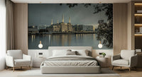 Iconic building motif wallpaper with soft light filtering through a nearby window.