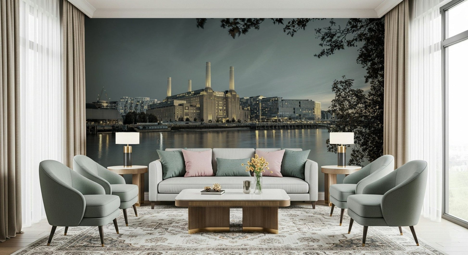 London's Powerhouse Wall Mural serving as a centerpiece in a modern guest room.