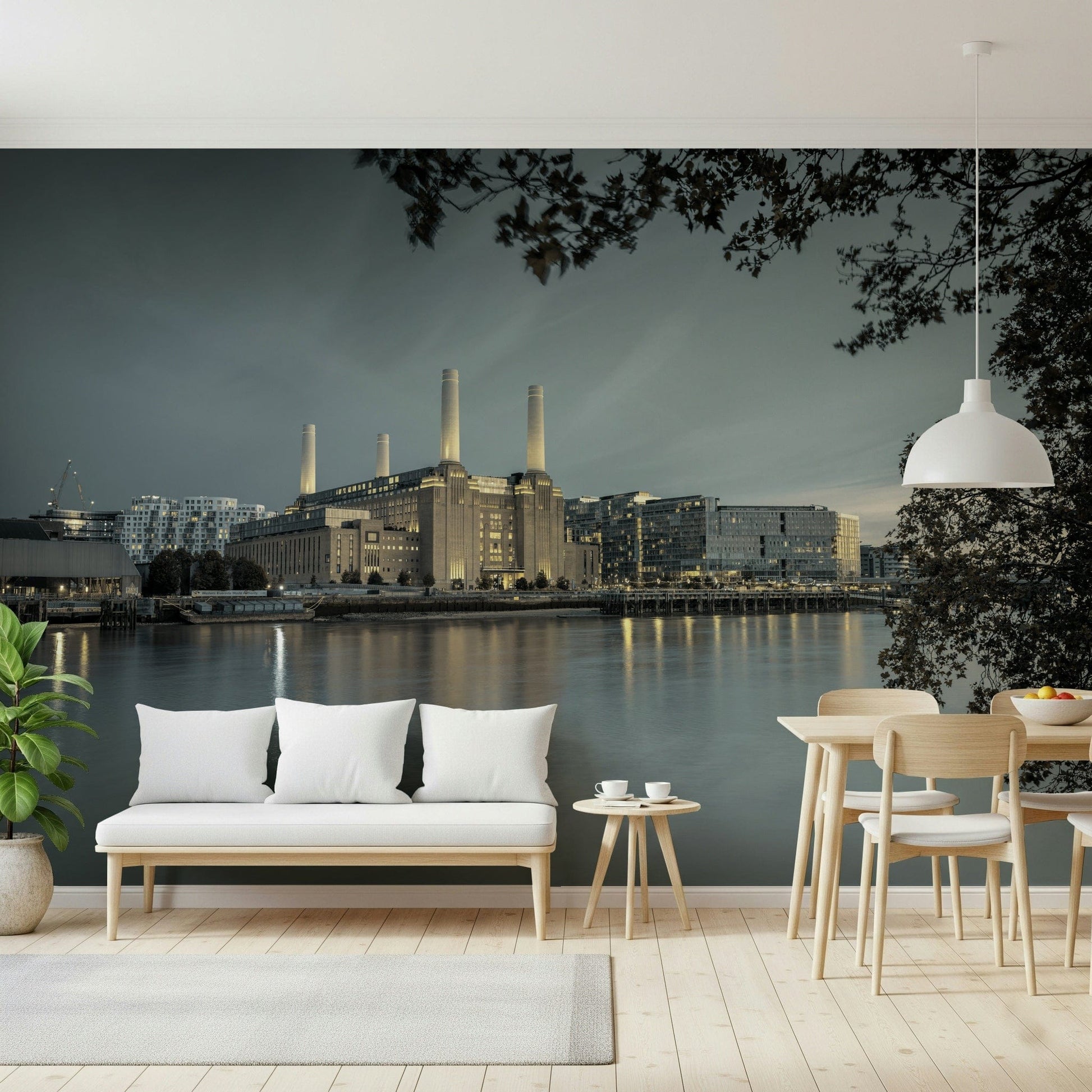 Muted grey and brick texture scenery wallpaper on a large living room feature wall.