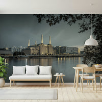Muted grey and brick texture scenery wallpaper on a large living room feature wall.