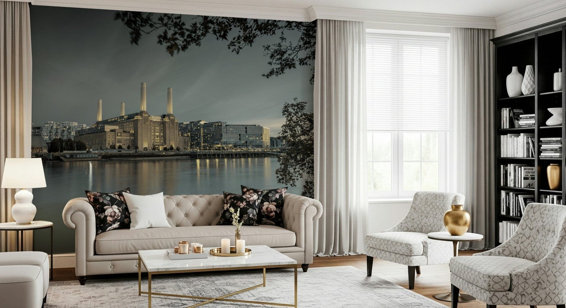 Elegant city mural paired with contemporary furniture in an open floor plan.