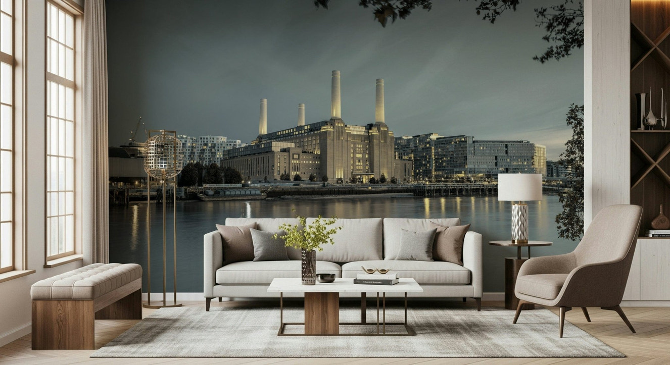 London's Powerhouse Wall Mural in a minimalist living room with neutral wooden furniture.