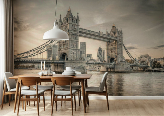 Iconic city architecture wallpaper for a modern bedroom feature wall.