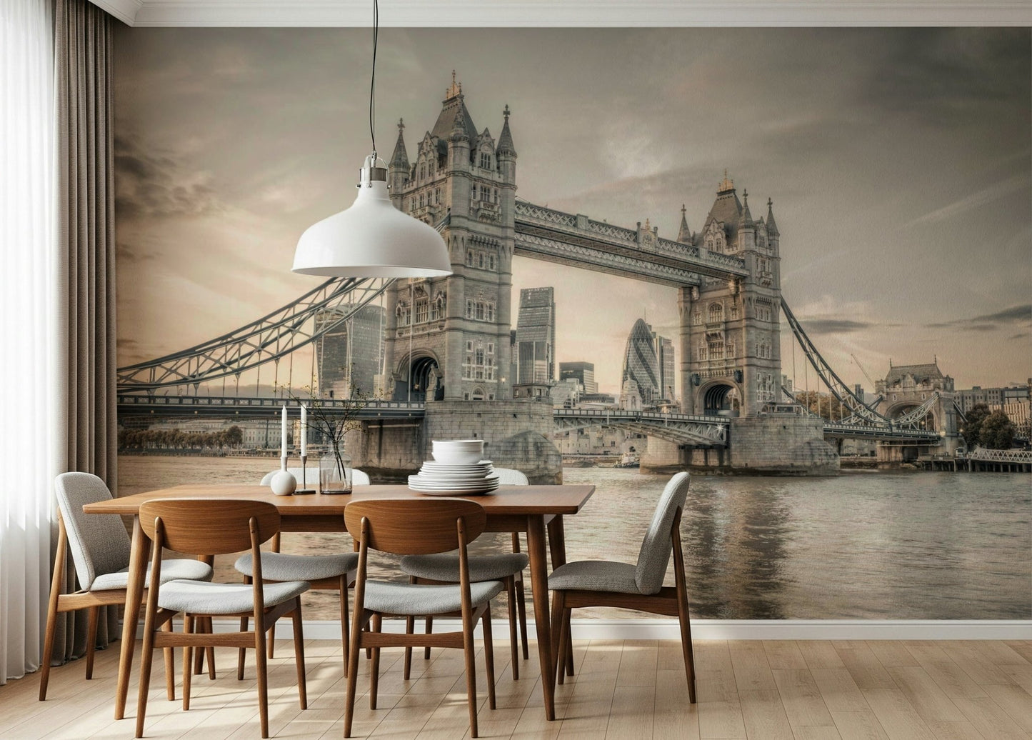 Iconic city architecture wallpaper for a modern bedroom feature wall.