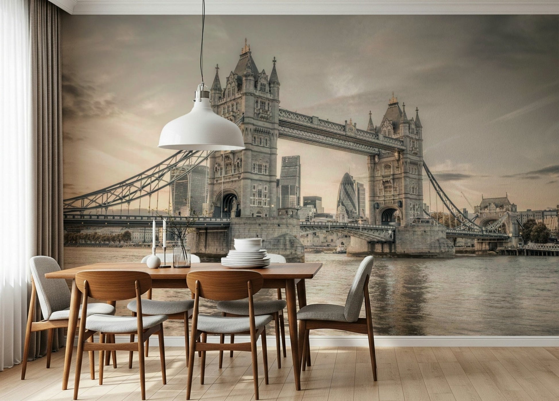 Iconic city architecture wallpaper for a modern bedroom feature wall.