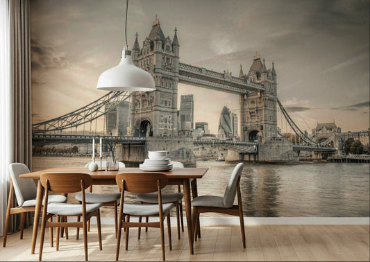 Iconic city architecture wallpaper for a modern bedroom feature wall.