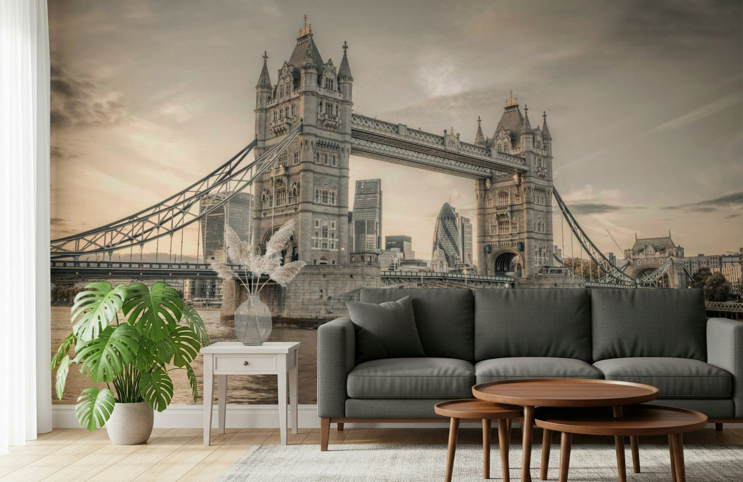 London's Tower Bridge wall mural behind a contemporary sofa set.