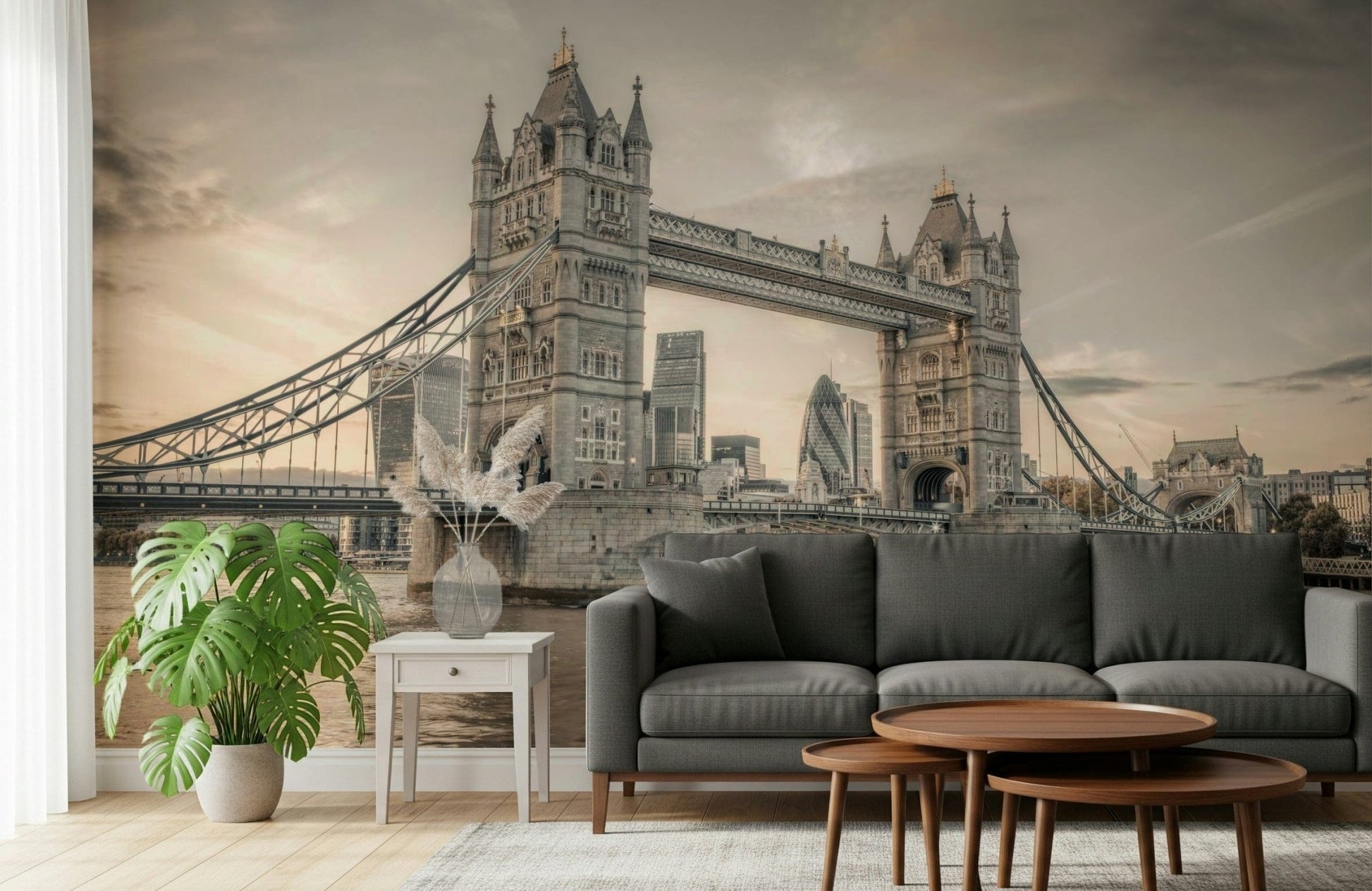 London's Tower Bridge wall mural behind a contemporary sofa set.