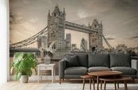 London's Tower Bridge wall mural behind a contemporary sofa set.