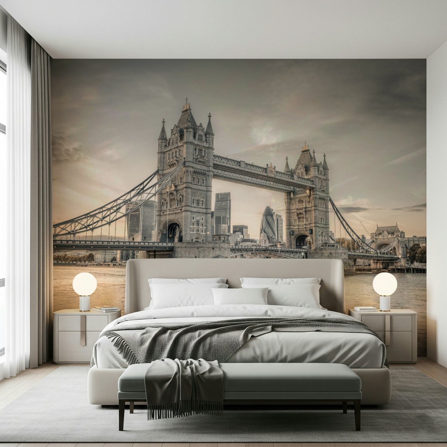 Blue and grey toned city wallpaper for a stylish lounge wall.