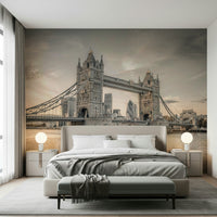Blue and grey toned city wallpaper for a stylish lounge wall.